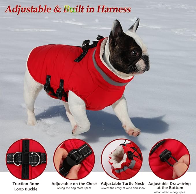 Dogcheer Dog Coat with Harness, Waterproof Dog Jacket Adjustable Pet Winter Coat with Zipper, Christmas Puppy Snow Jacket Fleece Sweater for Small Medium Large Dogs - Red L