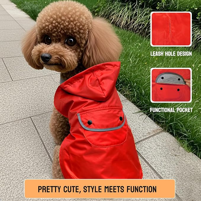 Dog Raincoat Dogs Rain Jacket Reflective Poncho Rainwear Waterproof Pet Clothes Warm Lined Pocket Hooded Leash Hole Adjustable Small Medium Dogs,Red,XL,Back Length 14.0 Inch