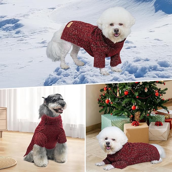 KYEESE Dog Sweater Turtleneck Stretchy Pet Sweater with Classic Cable Knit Soft Dog Sweater for Small Dogs Warm Dogs Clothes with Long Sleeve Comfy Pet Coats for Cold Weather, Red, Small