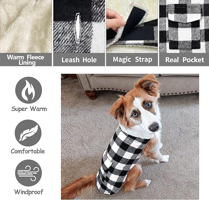 Malier Classic Plaid Fleece Dog Coat Jacket with Pocket, Windproof Warm Vest Winter Pet Clothes Apparel for Small Medium Large Dogs (White, X-Large)