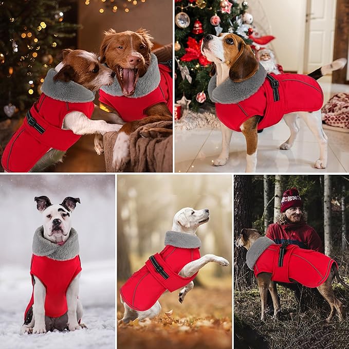 Dogcheer Dog Coat with Pocket, Waterproof Dog Jacket with Adjustable Buckle, Reflective Puppy Winter Coat Warm Turtleneck Fleece SnowJacket for Small Medium Large Dogs - Red L