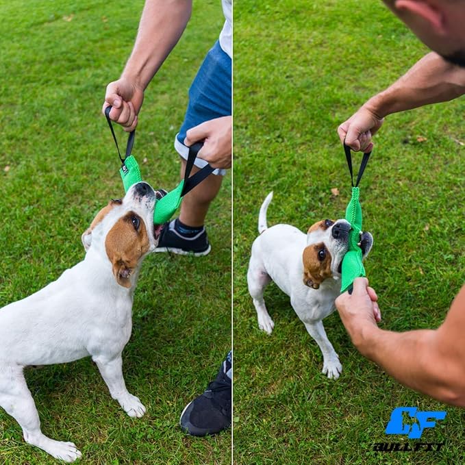 Bull Fit K9 Dog Bite Tug Toy with 2 Strong Handles - Made of Durable & Tear-Resistant French Linen - Perfect for Tug of War, Fetch & Puppy Training - Ideal for Medium to Large Breeds