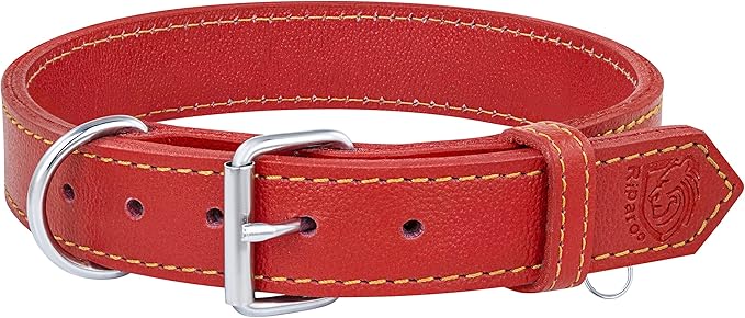 Riparo Dog Collar - Genuine Leather Dog Collars - Heavy Duty Dog Collars for Medium Large and Extra Large Dog Breeds (XXL: 1.75” Wide for 26” - 31” Neck, Red)