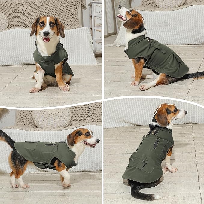 Workwear Style Dog Coats with Harness Built in for Small Dogs Windproof Warm Puppy Jacket with Storage Pockets for Cold Winter,Green L