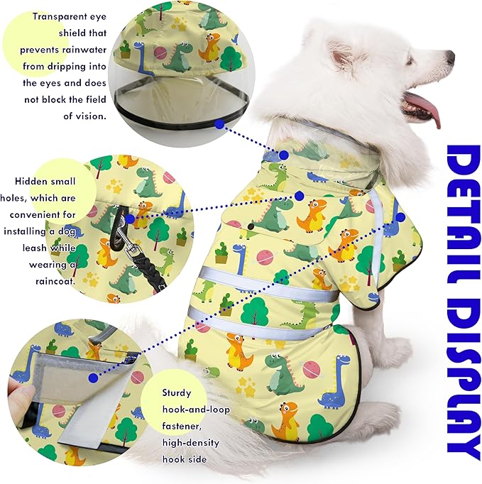 Dog Raincoat, Adjustable Rain Jacket with Hooded Double Layer for Large Medium Small Dogs Puppies, Lightweight Waterproof Rain Coat Poncho with Reflective Stripe Dinosaurs Yellow,XXL