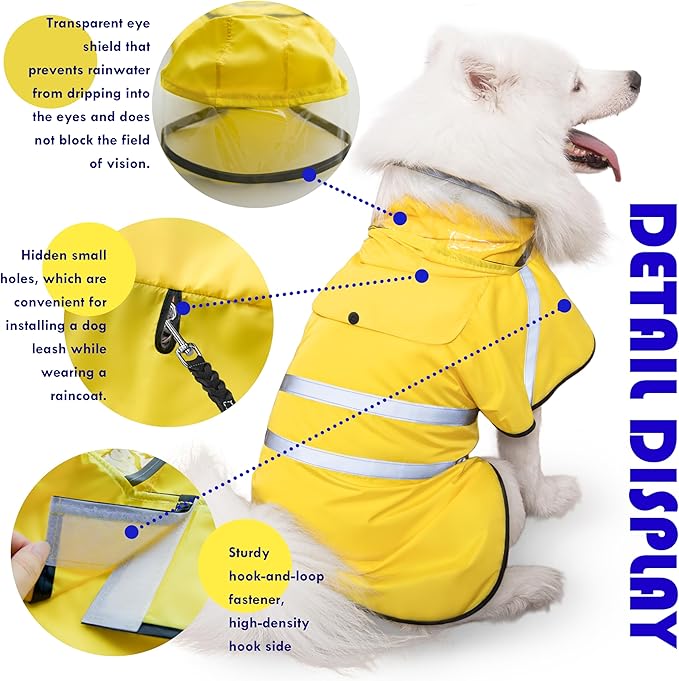 Dog Raincoat, Adjustable Rain Jacket with Hooded Double Layer for Large Medium Small Dogs Puppies, Lightweight Waterproof Rain Coat Poncho with Reflective Stripe Yellow,XL