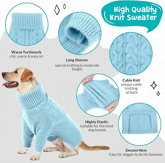 Queenmore Puppy Sweater - Warm Winter Dog Sweater for Small/Medium Dogs, Long Sleeves Turtleneck, Blue, XS