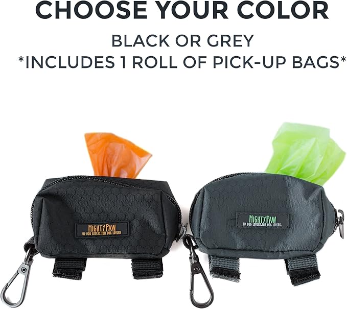 Mighty Paw Dog Poop Bag Holder - Zippered Pouch with Carabiner Hook - Includes Roll of Pick-up Bags - Pet Poop Holder and Dispenser - Pet Walking Supplies - (Grey/Green)