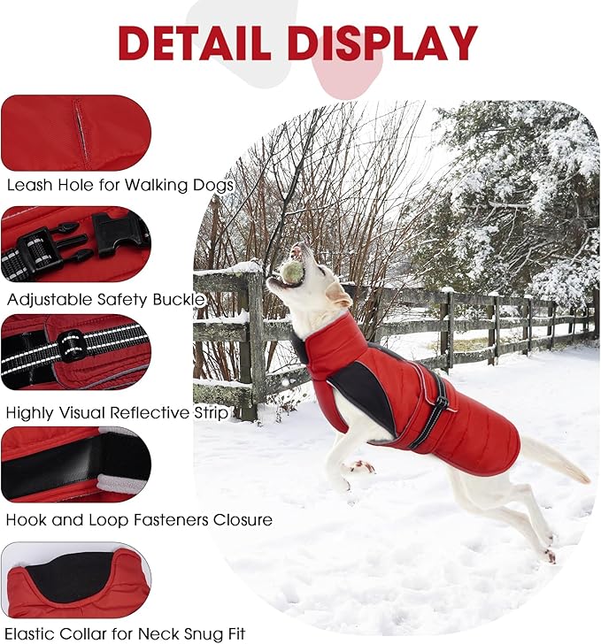 Nanaki Dog Coat Jacket for Large Dogs Winter Waterproof, Warm Fleece Lining Furry Collar Large Dog Jacket with Leash Hole, Reflective Cold Weather Pet Jacket Outdoor Walking Hunting,Easy On Red 3XL