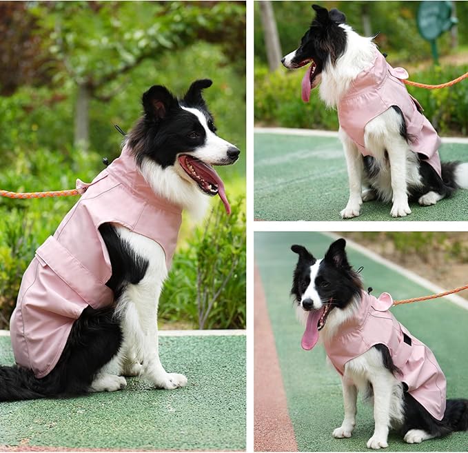 Waterproof Dog Raincoat, Adjustable Lightweight Dog Rain Jacket with Reflective Strip Leash Hole for Small Medium Large Dogs (Pink, Large(22-37lb))