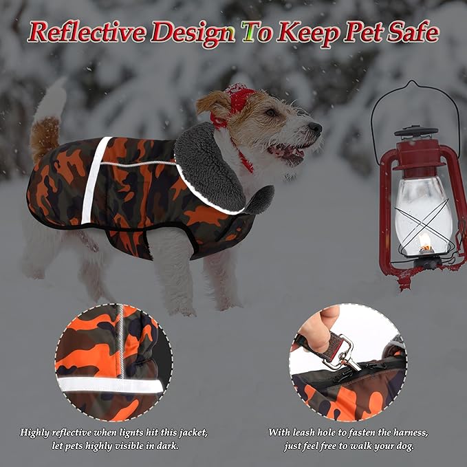Dogcheer Warm Dog Coat, Waterproof Dog Jacket Christmas Puppy Winter Coat with Buckle, Reflective Adjustable Pet Snow Jacket Turtleneck Fleece Sweater for Small Medium Large Dogs - Orange Camo, XL