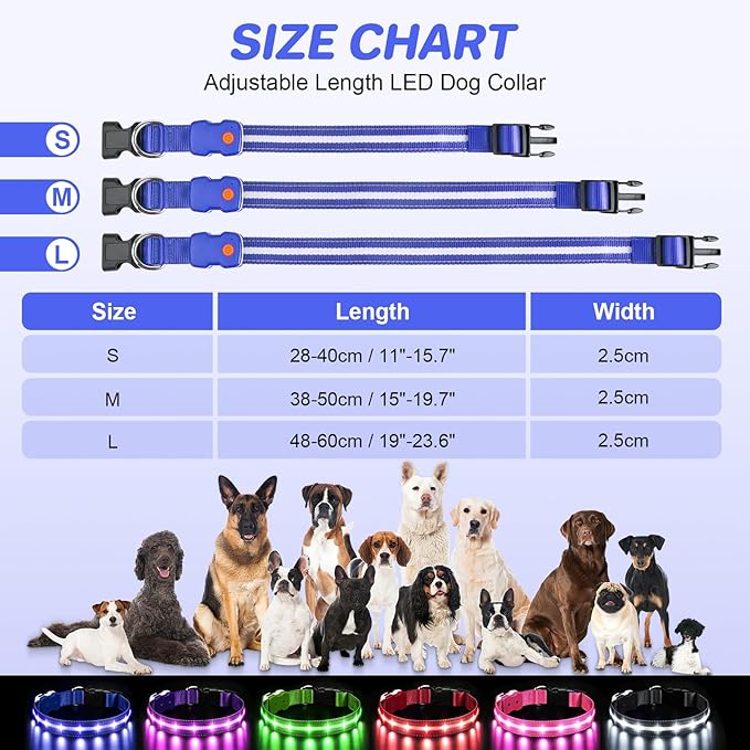 PcEoTllar Light Up Dog Collars, Led Dog Collar, Rechargeable, Night Walking, Waterproof, Glow in The Dark Dog Collars Light for Large Small Medium Dogs, Blue s