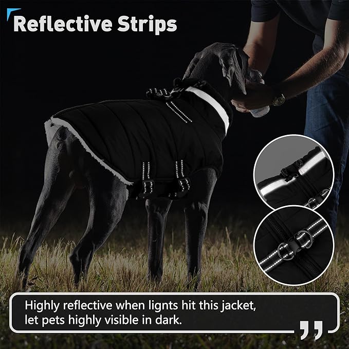 Dogcheer Dog Coat, Waterproof Dog Jacket with Harness, Reflective Adjustable Winter Coat with Zipper, Christmas Pet Snow Jacket Clothes for Small Medium Large Dogs - Black L