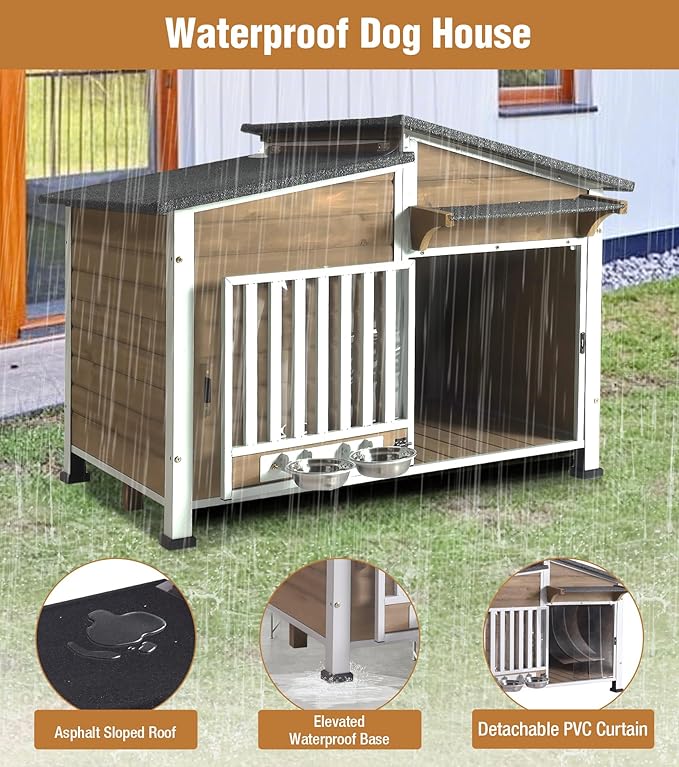 GUTINNEEN Heated Dog House Outdoor with Electric Heating Pad, Insulated Wooden Dog Kennel with 360° Rotating Feeding Bowl, Anti-Chewing Metal Frame, Brown