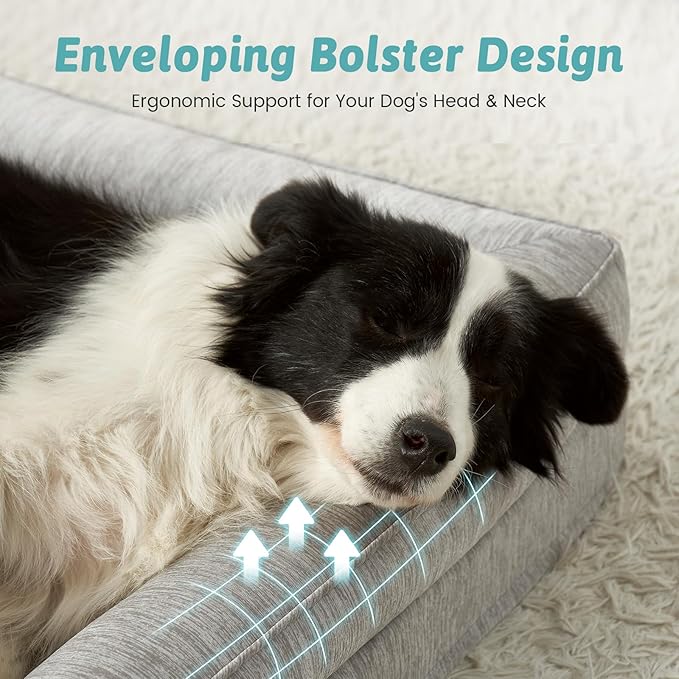 Cooling Dog Bed, Orthopedic Foam Dog Bed with Sides, Removable Cover & Waterproof Lining and Nonskid Bottom, Comfortable Pet Beds for Medium Dogs, Grey (36" L x 27" W x 6.5" Th)