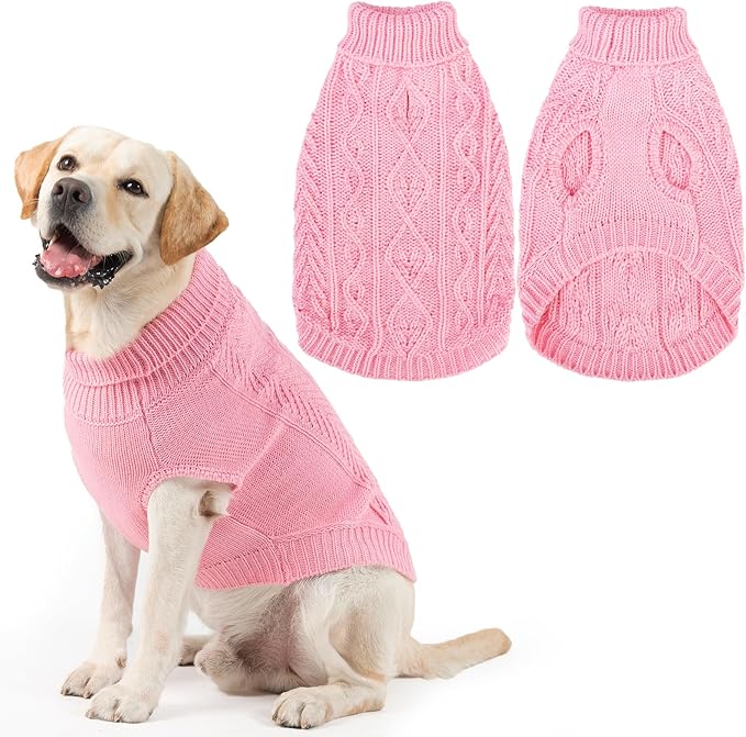 PUPTECK Dog Sweater, Turtleneck Warm Knitted Pullover Coat, Thick Cable Knitwear Clothes in Winter, Pet Apparel Outfits for Large Dogs, for Cold Weather Indoor & Outdoor, Pink XL