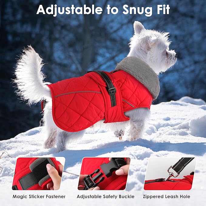 Dog Coat, Waterproof Dog Winter Jacket with Adjustable Buckle, Reflective Turtleneck Pet Snow Vest Warm Fleece Sweater for Small Medium Large Dogs - Red, L