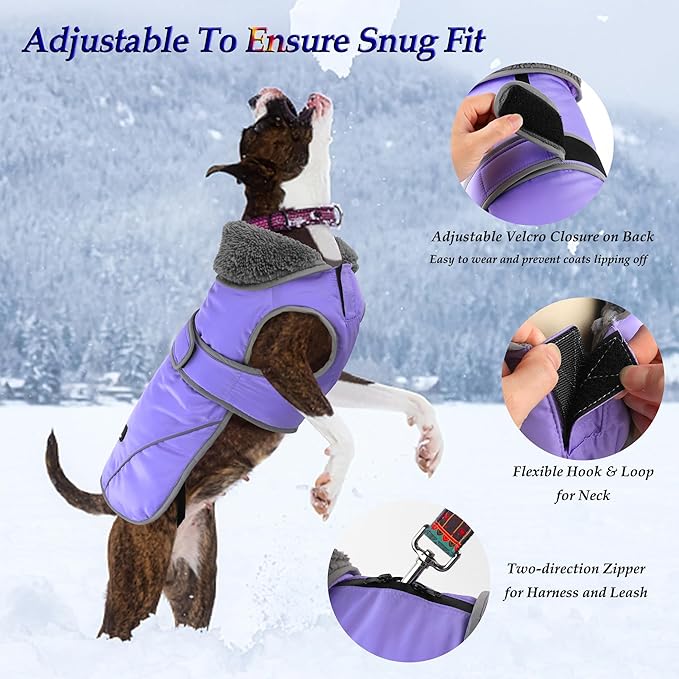 Dogcheer Dog Coat, Waterproof Dog Jacket Reflective Pet Winter Coat with Adjustable Hook & Loop, Christmas Puppy Fleece Jacket Warm Turtleneck Snowsuit for Small Medium Large Dogs - Taro Purple, 2XL
