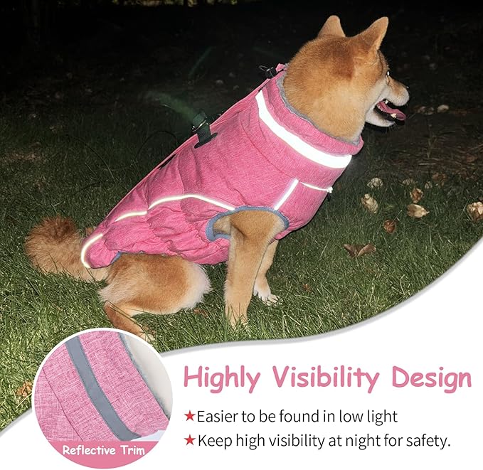 Malier Dog Coat, Reflective Dog Jacket Waterproof Windproof Puppy Cold Weather Coats with Harness Built in, Winter Extra Warm Pet Coat Fleece Vest for Small Large Pets and Puppy (Pink, X-Small)