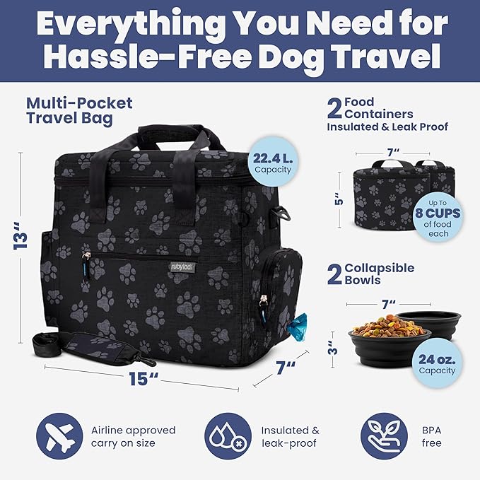 The Original Doggy Bag™ - Complete Dog Travel Bag for Supplies with 2 BPA-Free Travel Dog Bowls & 2 Pet Food Containers - Traveling Kit for Road Trips, Camping, Weekend Away or Doggy Gift - Paw Print