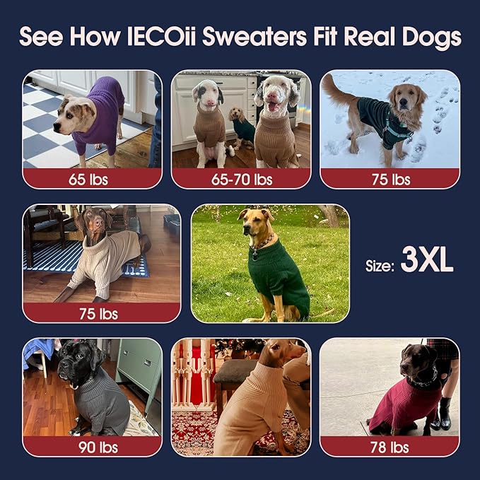 IECOii XXXL Dog Sweater,Warm Dog Sweaters for Extra Large Dogs Girl Boy,Stretchy & Cozy,Turtleneck Knitted Pullover for Pet Wear On Holiday,Easy On Doggy Sweatshirt for Labrador (Camel,XXXL)