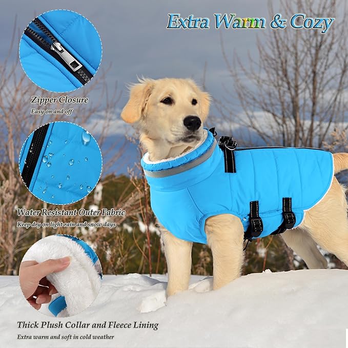 Dogcheer Dog Coat with Harness, Waterproof Dog Jacket Adjustable Pet Winter Coat with Zipper, Christmas Puppy Snow Jacket Fleece Sweater for Small Medium Large Dogs - Sky Blue 3XL