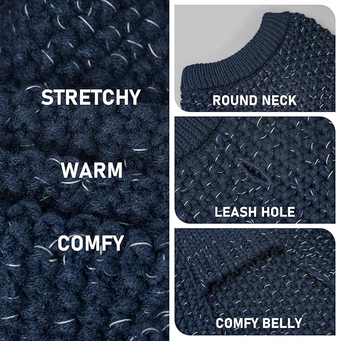 KYEESE Dog Sweater with Leash Hole Warm Pullover with Reflective Yarn for Small and Medium Dogs Male Soft Knit Pullover Boy Dog Coats Cozy Lightweight Thick Sweater,Navy Blue,Large