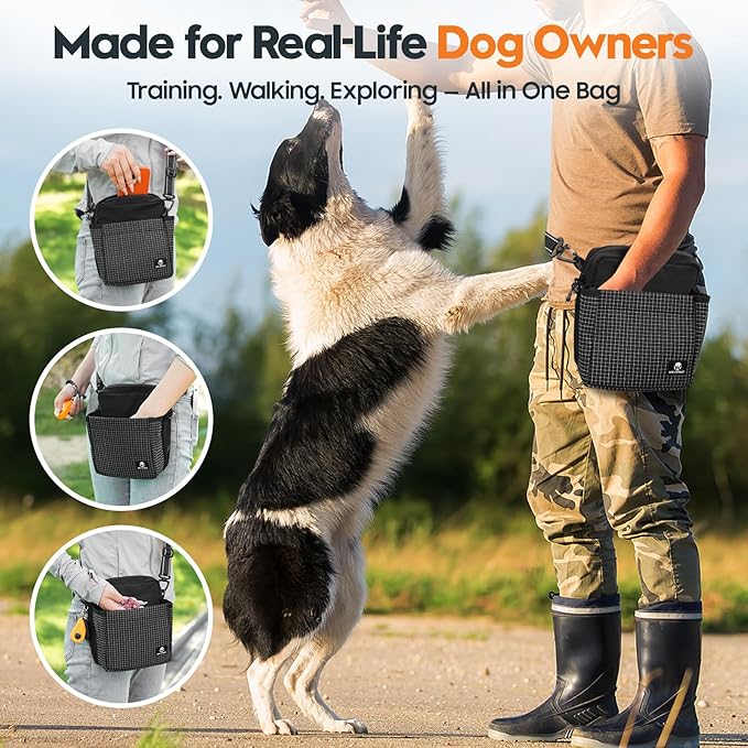 Large Capacity Dog Treat Pouch –Training Treat Bag with Magnetic Pocket, Built-in Poop Bag Holder, Clicker & Collapsible Bowl, Dog Walking Bag for Pet Training – Black