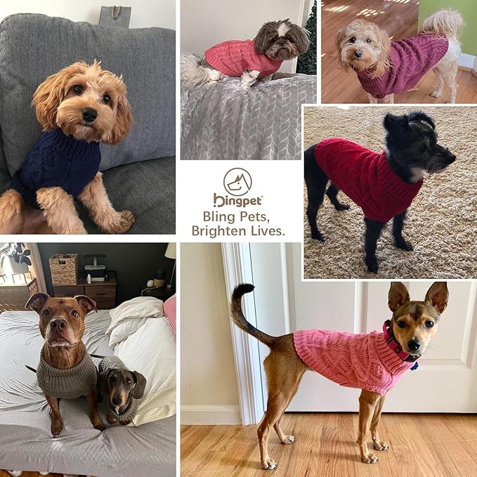 BINGPET Thermal Knitted Dog Sweater for Small Medium Large Dogs,Winter Puppy Cat Coat Warm Sweartershirts Outfits,Classic Cable Knit Turtleneck Pullover Dog Jumper Coat Warm Sweartershirts