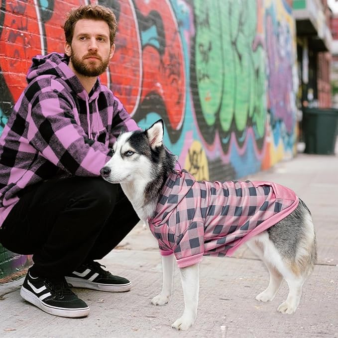KOOLTAIL Plaid Dog Hoodie Pet Clothes Sweater with Hat and Pocket for Small Medium Large Size Dogs, Soft Winter Warm Dog Cold Weather Coat, Fleece Fall Dog Hooded Sweatshirt for Puppy Cats, Pink XL