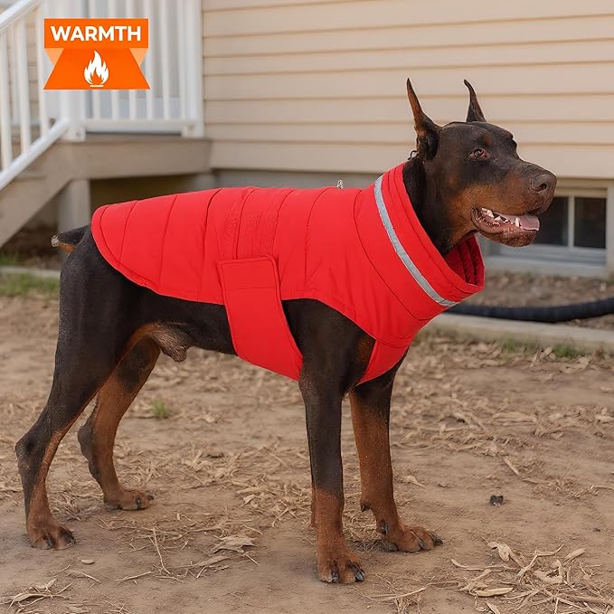 Dog Coat, Waterproof Winter Jacket, Warm Windproof Jacket, Reflective Adjustable Turtleneck Coats for Medium Dogs with Hook & Loop - Red - M