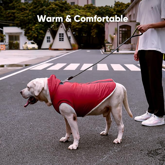 Fleece Lining Dog Hoodie with Harness Built in,Extra Warm Large Dog Jacket in Winter Doggie Coats with Hooded,Red XXL