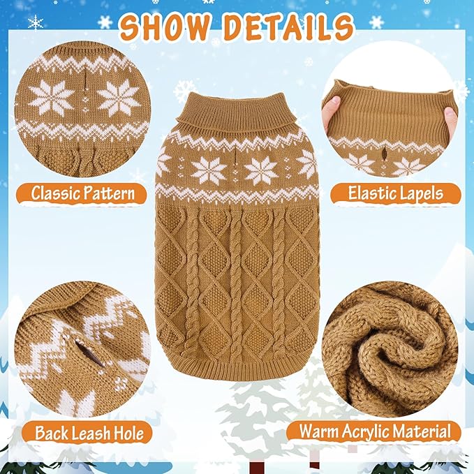 Warm Winter Dog Sweater - Cold Weather Pet Clothes for Small Medium Large Dogs Indoor Outdoor, Soft Classic Knit Puppy Apparel, Khaki, M