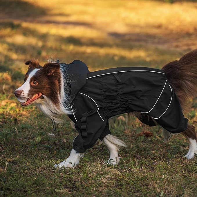 OneTigris Dog Raincoat with Hood for Medium Large Dogs, Waterproof & Reflective, 4 Legs Dog Rain Jacket Adjustable Puppy Poncho for The Rain and Snow (Black, Medium)