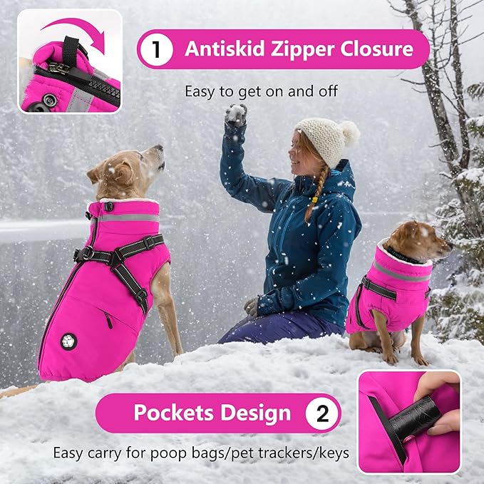 Dogcheer Dog Coat with Harness, Waterproof Dog Jacket Christmas Pet Winter Coat with Pockets, Reflective Doggy Turtleneck Fleece Jacket for Small Medium Large Dogs - Pink, 3XL