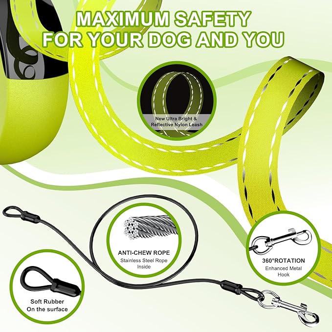 2025 New Model Retractable Dog Leash 18ft' - Detachable Poop Bag and Chew Proof Cable and Included Heavy Duty Reflective Retractable Leash for Small Medium Large Dogs up to 110 lbs