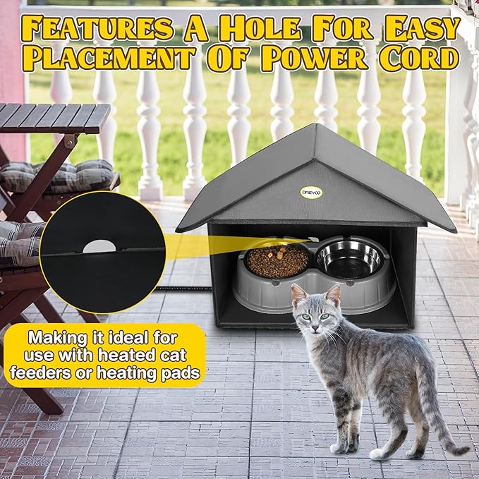 Dreyoo 1 Pack Outdoor Cat Feeding Station for Food & Water, Weatherproof Outdoor Kitty Dining Room Cat Shelter for Stray, Feral Cats and Community Cats, 13”d x 17”w x 15.5'h (Dark Grey)