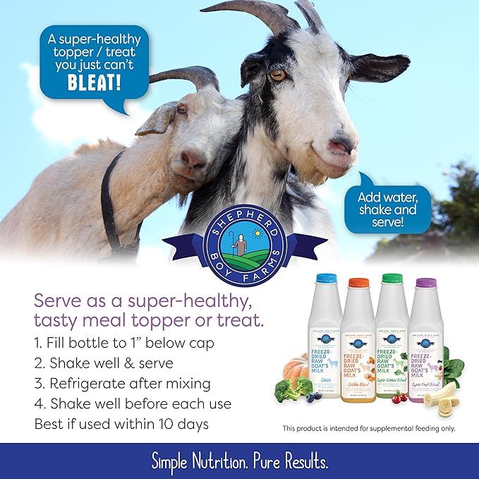 Shepherd Boy Farms Freeze Dried Raw Goats Milk with Probiotics for Dogs & Cats (Super Fruits), Organic USA Fruit, Digestible Goat Milk Powder, Raw Nutrition, High Protein Food Toppers - Makes 32 FL OZ