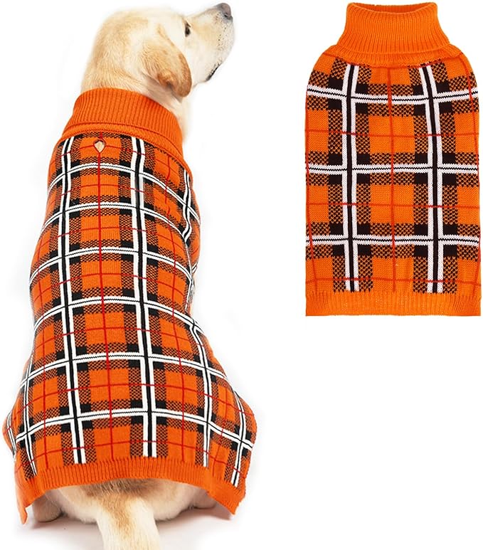 PUPTECK Dog Sweaters for Large Medium Small Dogs - Fall Classic Plaid Style Puppy Holiday Winter Coat Clothes Warm, Reddish Orange, L