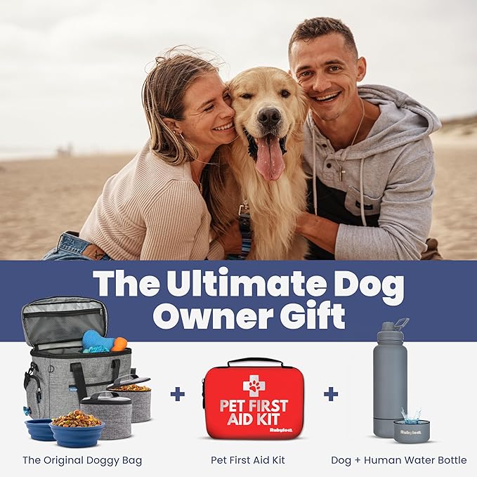 The Original Doggy Bag™ - Complete Dog Travel Bag for Supplies with 2 BPA-Free Travel Dog Bowls & 2 Pet Food Containers - Traveling Kit for Road Trips, Camping, Weekend Away or Doggy Gift - Grey