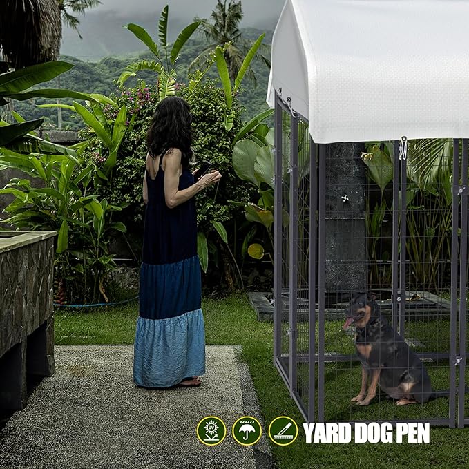 12 Panels Large Dog Kennel Outside Outdoor with Roof Heavy Duty Dog Kennel Outdoor Indoor Dog Playpen Enclosure Pet Pen House Fence Yard Yard for Small Medium Large Dogs 8'x4'x6'