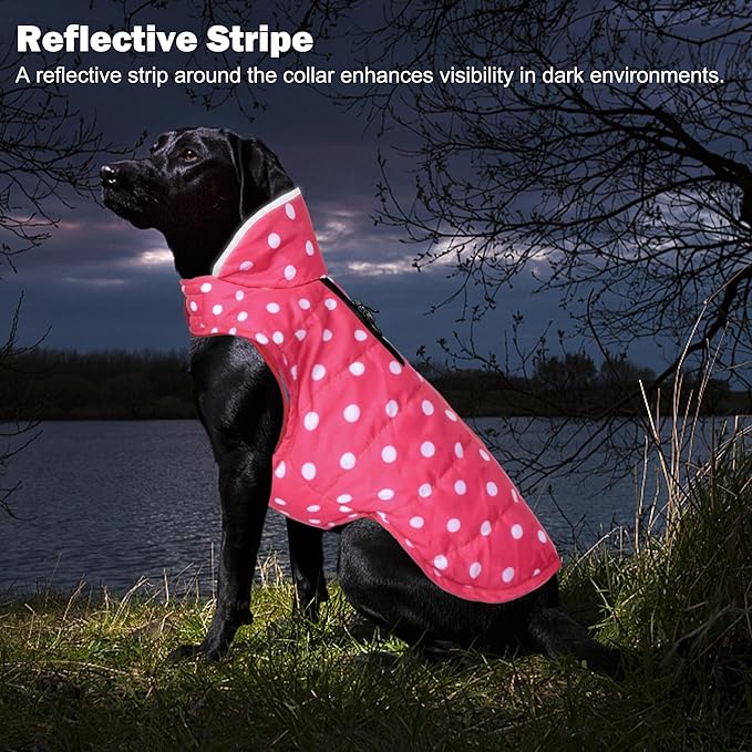 Dog Winter Coat, Waterproof Dog Jacket with Leash Hole, Reflective Adjustable Pet Snow Vest, Warm Fleece Sweater for Small Medium Large Dogs - Pink Polka Dot, L