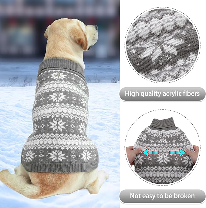 KOOLTAIL Cable Knit Dog Sweater Turtleneck, Cold Weather Pullover Classic Knitwear, Snowflake Pattern Thick Warm Winter Pet Clothes,Dog Christmas Sweater for Small Medium Large Dogs,Grey SM