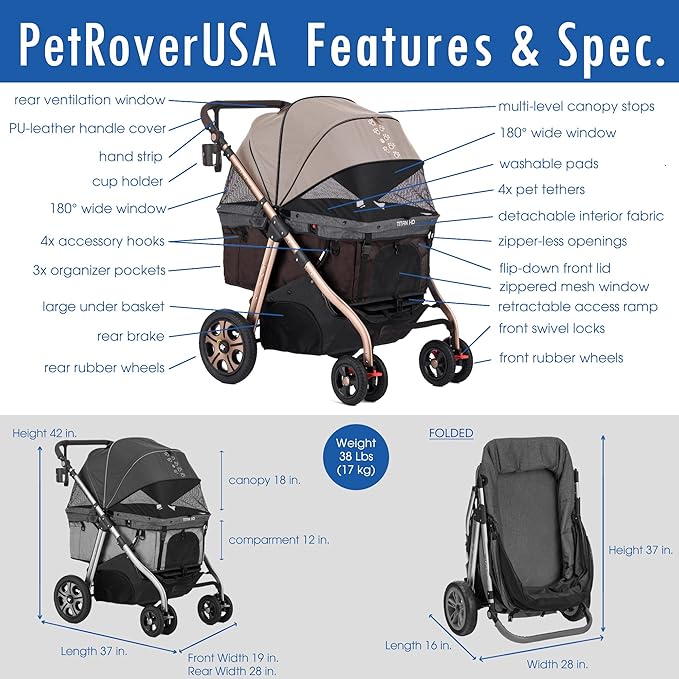 HPZ Pet Rover Titan-HD Premium Super-Sized Dog/Cat/Pet Stroller SUV Travel Carriage/w Access Ramp/100Lbs Capacity/Pumpless Rubber Wheels/Aluminum Frame for Small, Med, Large, XL Pets (Taupe)