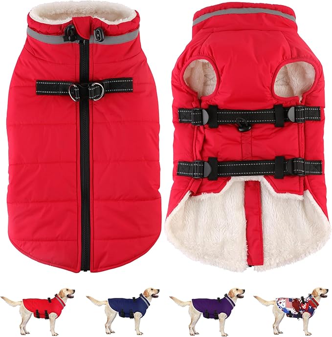 Dogcheer Dog Coat with Harness, Waterproof Dog Jacket Adjustable Pet Winter Coat with Zipper, Christmas Puppy Snow Jacket Fleece Sweater for Small Medium Large Dogs - Red M