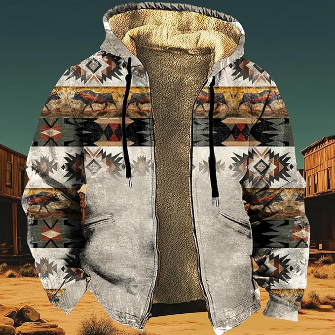 Men's Zip Up Jackets Western Style Ethnic Hoodie Hooded Vintage Long Sleeve Warm Coat Winter Outfits
