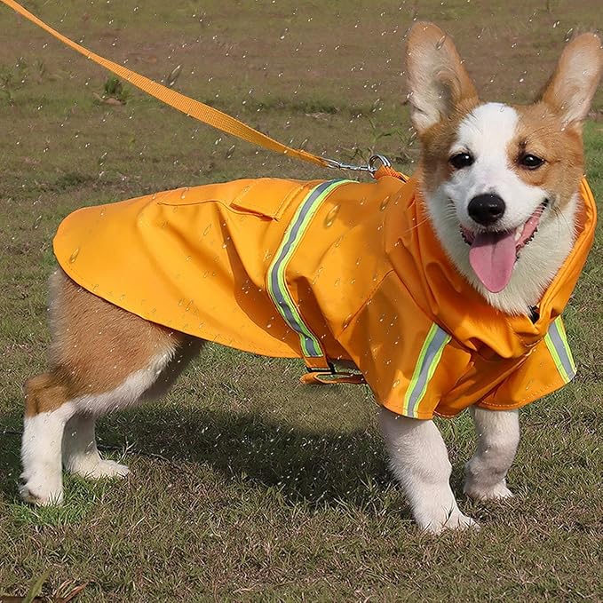 Reflective Strip Dog Raincoat, Ultra - Light Breathable Waterproof Rain Jacket with Hood, Adjustable Sizes for Small/Medium/Large Dogs, (2XL)