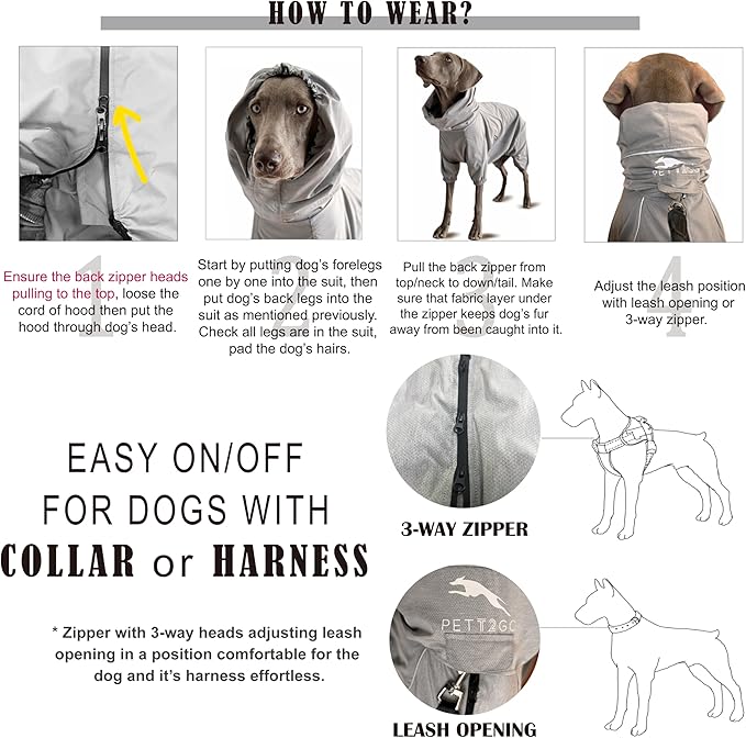 Dog Lightweight Windbreaker, Pet Outdoor Sports Jacket, 0.5 lbs,3 in One, Hooded, Easy on/Off with Collar and Harness, Reflective Piping, Packable, Dog Hiking/Camping, Grey (XX-Large)