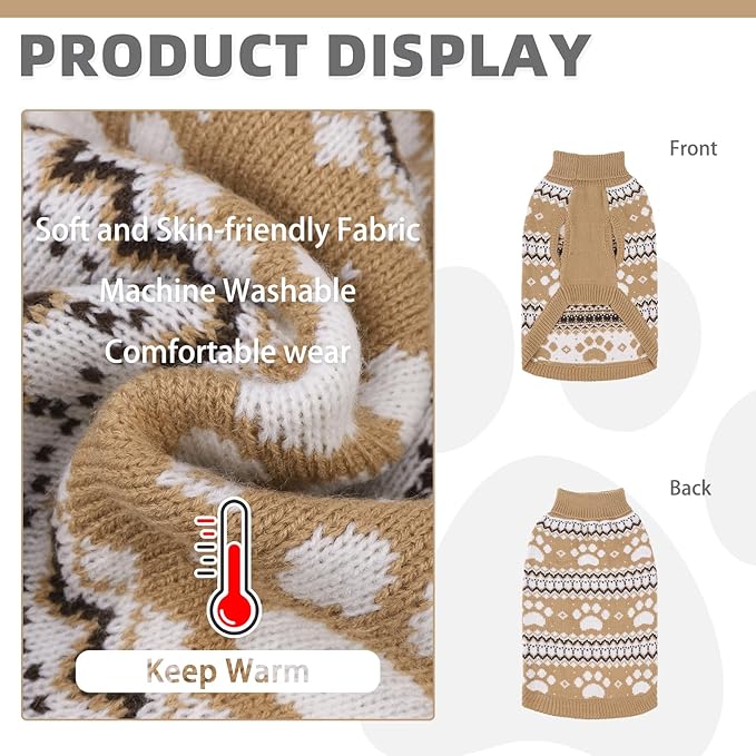 KOOLTAIL Cable Knit Dog Sweater Turtleneck, Cold Weather Pullover Classic Knitwear, Cute Paws Pattern Thick Warm Winter Pet Clothes, Dog Christmas Sweater for Small Medium Large Dogs Cats,Khaki ML