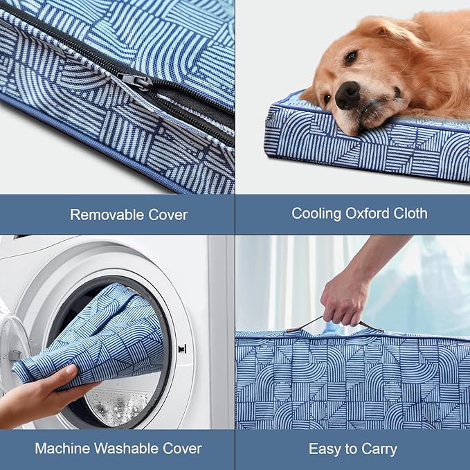 Outdoor Large Washable Dog Bed, Orthopedic Egg Crate Foam Dog Crate Mat for Large Dogs with Removable Oxford Cooling Cover, White Blue